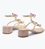Luxury Rene Caovilla Caterina Sandals Shoes !! Women T-strap Block Heel Crystal Bow Lady Wedding,Party,Dress Gladiator Sandalias EU35-43,With Box