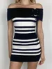 Casual Dresses Women Knitted Bodycon Dress Stripe Off-Shoulder Boat-Neck Tie-Up Summer Party Club Skinny Mini