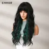 Emmor Balayage vert noir synthétique naturel ondulé s avec frange pour les femmes Cosplay fête utilisation résistant à la chaleur fibre cheveux 240113