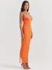 Vestidos Casuais 2024 Elegante Spaghetti Strap Lace Patchwork Laranja Vestido Longo Mulher Sexy Cintura Alta Bodycon Backless Slit Holiday Beach