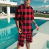 Men's T Shirts 2024 Summer Fashion Two-Piece Set Short Sleeve Shorts Loose Plaid Print Simple Outdoor Daily Casual Sweatshirt
