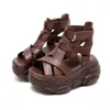 Sandales 7cm Plate-forme Femmes Rétro Chaussures Été Réglable Gladiateur Casual Chunky Brown Dames Plage Sandalias