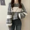 Pulls pour femmes Jmprs Gris Rayé Femmes Y2K Pull Coréen Lâche Paresseux Vent Casual Pulls Tricotés Automne Manches Longues Vintage O Cou Tops