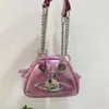 Vivianeism Westwoodism Bag Empress 토성 가방 분홍색 코끼리 패턴 소 가죽 볼링 가방 가방 싱글 어깨 크로스 바디 백 01RU