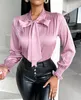 Blusas femininas Moda Feminina Blusa Primavera Temperamento Commuting Rose Detalhe Gravata Pescoço Shirred Top Simples Camisa de Manga Comprida Famale Roupas