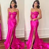 Rosy Pink Mermaid Prom Dress Sweetheart Keyhole aftonklänningar Eleganta benkroppsvalt Ruffles Backless Slit Formella klänningar för speciella tillfällen