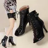 Dress Shoes 2024 Fashion Women Black Lace-up High Heels Jazz Beginner 9CM Open-toe Sexy Party Dance Shoe Summer Sandal Short Boots