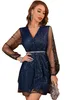 Women's Lantern Long Sleeve V Neck Mesh Cocktail Party Short Dress Without Belt