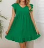 Sukienki swobodne kobiety krótkoczestronne sukienki wiosna i letnie fajne zielone mini-latające rękawy w dekolcie w szyku w szyku