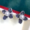 Boucles d'oreilles MeiBaPJ 7-8mm perle blanche naturelle mode noir Zircons fleur 925 véritable argent Fine bijoux de mariage pour les femmes