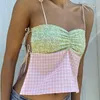 Women's Tanks Fairy Coquette Side Tie Up Bandage Crop Tops Vintage Floral Plaid Patchwork Camisole Aesthetic 00s Retro Y2K Backless Tank Top