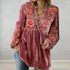 Women's Blouses Women Top V Neck Retro Flower Print Shirt Long Sleeve Loose Drawstring Pullover Mid Length Soft Casual Lady Fall Sprin