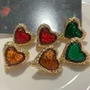 Boucles d'oreilles à dos médiéval Vintage en verre vert, Clip en pierre, Style rétro, cristal français, grand cœur rouge pour femmes, sans Piercing