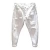 White Jeans Men Allmatch Fashion Ripped Hole Slim Stretch Harem Pants Comfortable Male Streetwear Denim Trousers 240113
