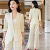 Women's Two Piece Pants Formal Women Business Suits Spring Summer Three Quarter Pantsuits Professional OL Styles Career Work Wear Trousers