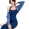 Sıradan Elbiseler Y166 Örgü Bodycon Maxi Sweater Elbise ve Uzun Kollu Kırpılmış Hardigan Sırfları Seti