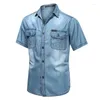 Chemises décontractées pour hommes Hommes à manches courtes Denim Multi Poches Outillage Summer Blue Jeans Haute Qualité Coton 3