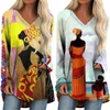 Felpe con cappuccio da donna T-shirt lunga vintage con scollo a V T-shirt lunga africana primavera autunno colorato arte popolare stampata pullover con maniche top da donna Camisetas Muje