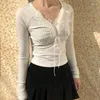 Magliette da donna Y2k Top corto lavorato a maglia bianco da donna Patchwork scollo a V manica lunga con lacci Camicia dolce carina Harajuku Chic Top estetici casual