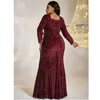 Roupas étnicas Plus Size Colarinho Quadrado Lantejoulas Vinho Vermelho Brilhante Outono Manga Longa Vestido 4XL Grande Elegante Festa Banquete