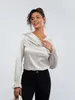 Blouses Femmes Wsevypo Élégant Gris Satin Pour Femmes Dames Couleur Unie À Manches Longues Col Bénitier Slim Chemises Bureau Dame Plaine Tops