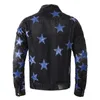 Jaqueta jeans masculina com cinco estrelas remendos, rasgada, justa, streetwear, manga comprida, casacos de beisebol, azul, motocicleta, motociclista