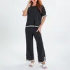 Pantaloni da donna a due pezzi Femminili a contrasto di colore lavorati a maglia 2 pezzi Manica corta Girocollo T-shirt e vita elastica Gamba larga Donna Loungewear