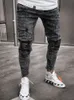 Biker Jeans Herrens nödställda stretch rippade män Hip Hop Slim Fit Holes Punk Zipper Pure Color Denim Pants 240113