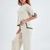 Pantaloni da donna a due pezzi Femminili a contrasto di colore lavorati a maglia 2 pezzi Manica corta Girocollo T-shirt e vita elastica Gamba larga Donna Loungewear