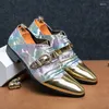 Sapatos de vestido luxo festa dourada homens moda glitter apontou toe casamento inglaterra estilo patente couro cavalheiro