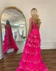ROSY Pink A Line Prom Dress Spaghetti Appliques Sequin Evening Dresses Elegant Lår slitsade kjol Formella klänningar för speciella tillfällen