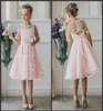 Knälängd spets aline 2018 junior brudtmaid barn formella festklänningar billiga korta blommor klänningar för boheme strand bröllop5869219