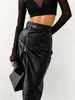 Wsevypo Faldas de tubo de cintura alta de cuero PU negro Vintage Grunge ropa de calle para mujer falda ceñida dividida con cremallera y cinturón 240113