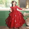 Lange Ärmel Prinzessin Blumenmädchenkleider für Hochzeit neue rote glänzende Perlen Party 2023 3D-Blumenspitzenapplikationen Geburtstagsparty Kinder formelle Kleidung Kleinkind-Festzug-Kleid