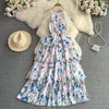 Casual Dresses Retro Floral Print Halter Sleeveless Elegant Tiered Dress A-line Beach Vacation Chiffon Women Summer Vestidos