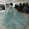 Abiti da principessa Quinceanera con scollo a V blu acqua 2024 Corsetto con lacci con applicazioni e spalle scoperte Abiti da ballo 15 anos