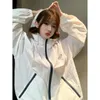 レディースジャケットY2Kホワイト透明コート女性春と夏の特大の薄い軽量スポーツ屋外ジャケット韓国のフード付きジッパー