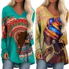 Mulheres Hoodies Mulheres Vintage V Pescoço Longo T Shirt Africano Primavera Outono Colorido Folk Art Impresso Mangas Pulôver Tops Senhoras Camisetas Muje