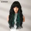 Emmor Balayage vert noir synthétique naturel ondulé s avec frange pour les femmes Cosplay fête utilisation résistant à la chaleur fibre cheveux 240113