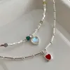 Ketten 925 Silber Licht Luxus Handwerk Bambus Gelenk Stil Perlen Schlüsselbein Kette Rot Emaille Herz Anhänger Exquisite Süße Halskette Schmuck