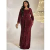 Roupas étnicas Plus Size Colarinho Quadrado Lantejoulas Vinho Vermelho Brilhante Outono Manga Longa Vestido 4XL Grande Elegante Festa Banquete