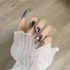 Feito à mão punk escuro longo estilete imprensa em unhas wearable artificial com projetos de arte capa completa manicure strass dicas falsas 240113