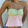 Women's Tanks Fairy Coquette Side Tie Up Bandage Crop Tops Vintage Floral Plaid Patchwork Camisole Aesthetic 00s Retro Y2K Backless Tank Top