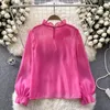 Blusas femininas chiffon camisa primavera outono coreano doce tridimensional flor puff manga longa preto branco topos 6 cores