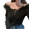 Women's T Shirts 2024 Lace-up Sexy Backless Furry Stitching Long-Sleeved Sweater Short V-neck Bottoming Shirt Top For Women