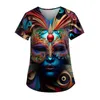 Women's T Shirts Trend Mask Print T-Shirt Casual Large Size V-Neck Party Uniform Fashion Pattern Caregiver Tops With Pockets 5xl