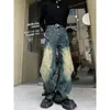 Jeans da uomo Y2k Nastro con finiture candeggiate Pantaloni in denim larghi Streetwear Pantaloni da uomo Abbigliamento Hip Hop Coreano