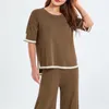 Pantaloni da donna a due pezzi Femminili a contrasto di colore lavorati a maglia 2 pezzi Manica corta Girocollo T-shirt e vita elastica Gamba larga Donna Loungewear