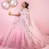 Pink Tulle Luxury Ball Gown Quinceanera Dresses With Cape Sweet 16 Dress Appliques Flower Beads Back Lace-Up Vestidos 15 De Xv Anos