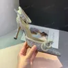 マッハグリッターボウタイポンプ9.5cmクリスタル装飾されたイブニングシューズスプールヒールサンダル女性のヒール高級デザイナードレスシューズアンクルストラップウェディングシューズ